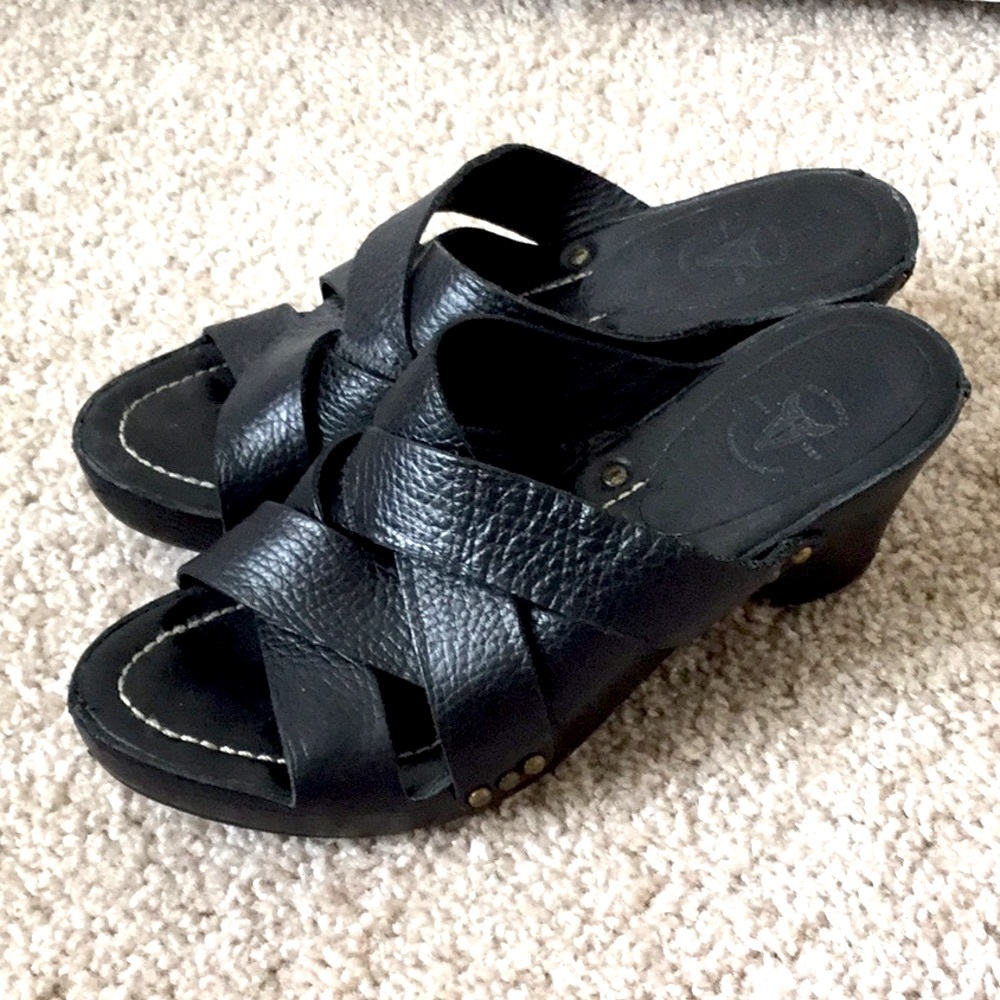 Frye leather slip on sandal wedge clog
